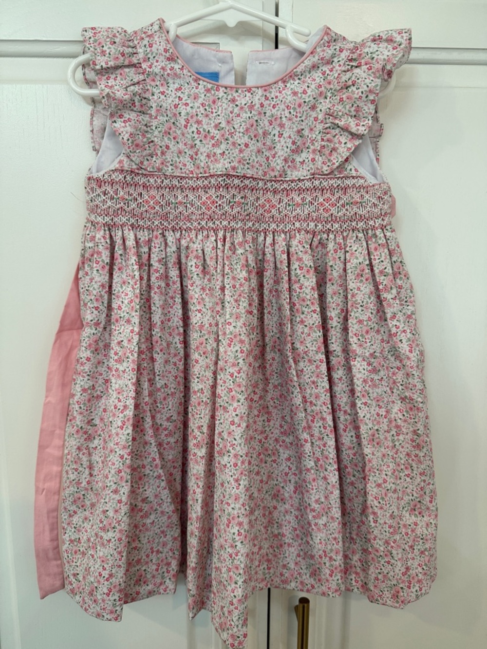Smocked Pink Floral Cotton Dress with Flutter Sleeves for Girls